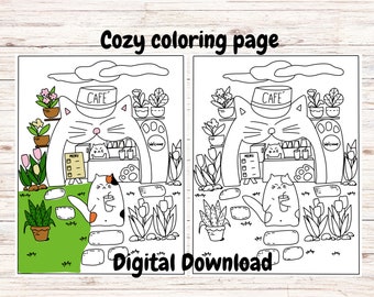 Cozy Cat Storefront Coloring Page: Relaxing Art (Digital Download)
