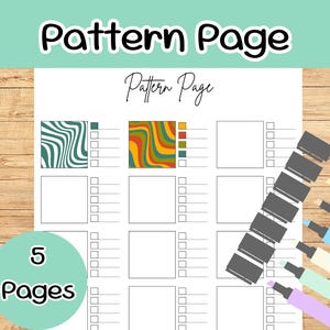 May include: A white Pattern Page with a teal background and a wooden surface. The page features pattern examples and check boxes. The text "Pattern Page" is at the top. A green circle with the text "5 Pages" is at the bottom.