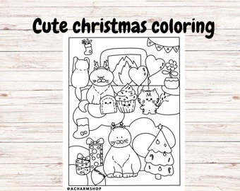 May include: A black and white coloring page featuring a group of cats celebrating Christmas. The cats are gathered around a fireplace with a Christmas tree, presents, and a cupcake. The text "XMAS" is written on a banner above the fireplace.