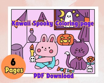 Könnte beinhalten: Eine druckbare Malvorlage mit einem niedlichen, gruseligen Thema. Die Seite zeigt ein rosa Kaninchen, eine lila Katze, einen Kürbis, ein Gespenst und eine Kerze. Der Text "Kawaii Spooky Coloring Page" befindet sich oben auf der Seite. Der Text "6 Pages PDF Download" befindet sich unten auf der Seite.