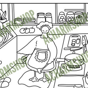 May include: A black and white line drawing of a goose wearing a chef's hat and apron, cooking in a kitchen. The goose is standing on a rug, and there is a pot on the stove, a cutting board with vegetables, and a bowl of soup on the counter.