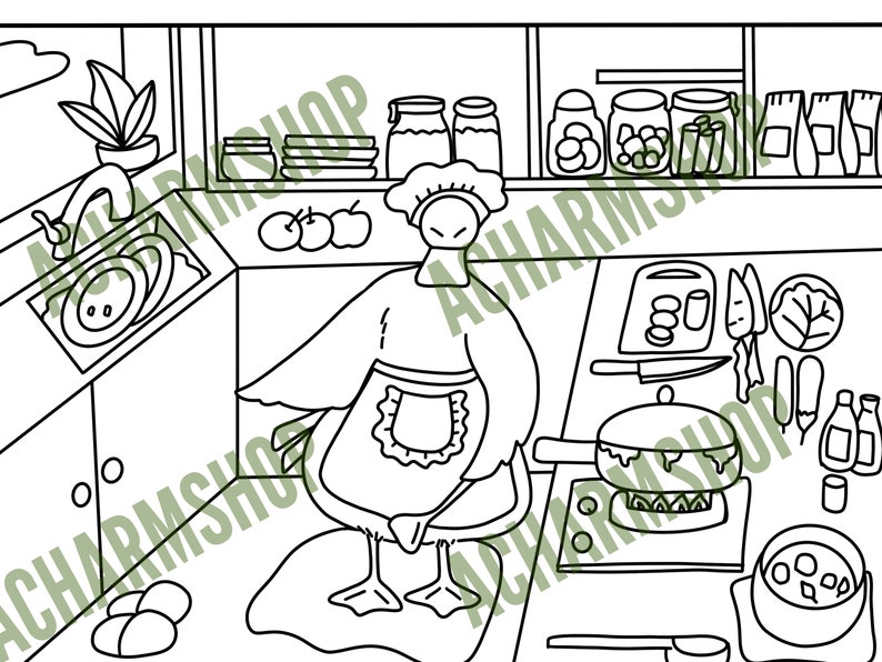 May include: A black and white line drawing of a goose wearing a chef's hat and apron, cooking in a kitchen. The goose is standing on a rug, and there is a pot on the stove, a cutting board with vegetables, and a bowl of soup on the counter.