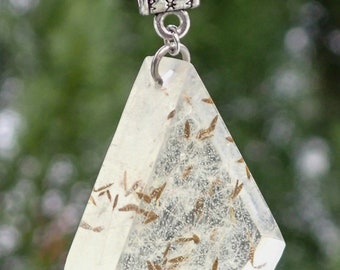 Handmade unique triangular pendant with dandelion seeds