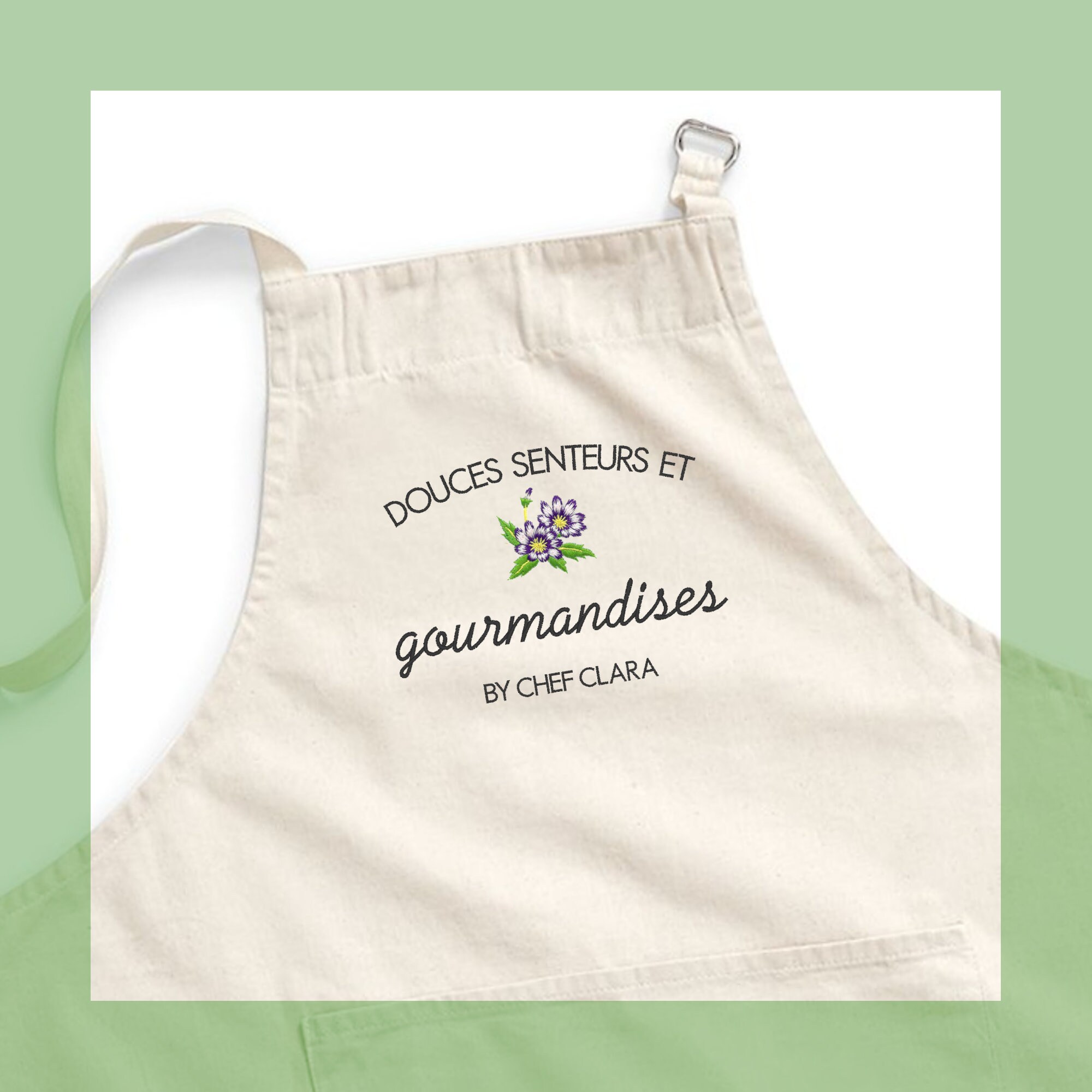 Tablier de Cuisine Brodé et Personnalisable en Coton Issu Du Commerce Équitable avec Motif Fleurs De