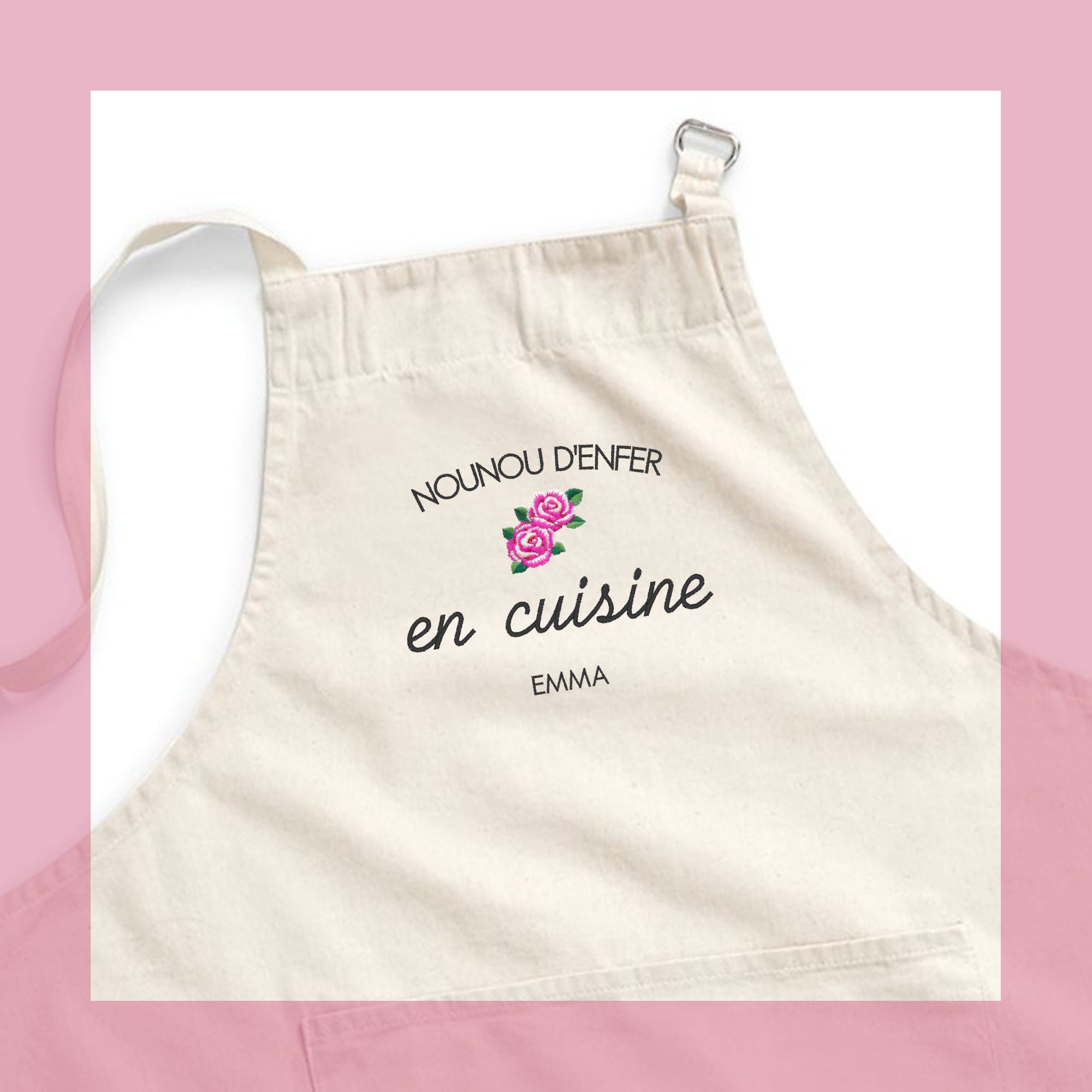 Tablier de Cuisine Brodé et Personnalisable en Coton Issu Du Commerce Équitable avec Motif Roses - I