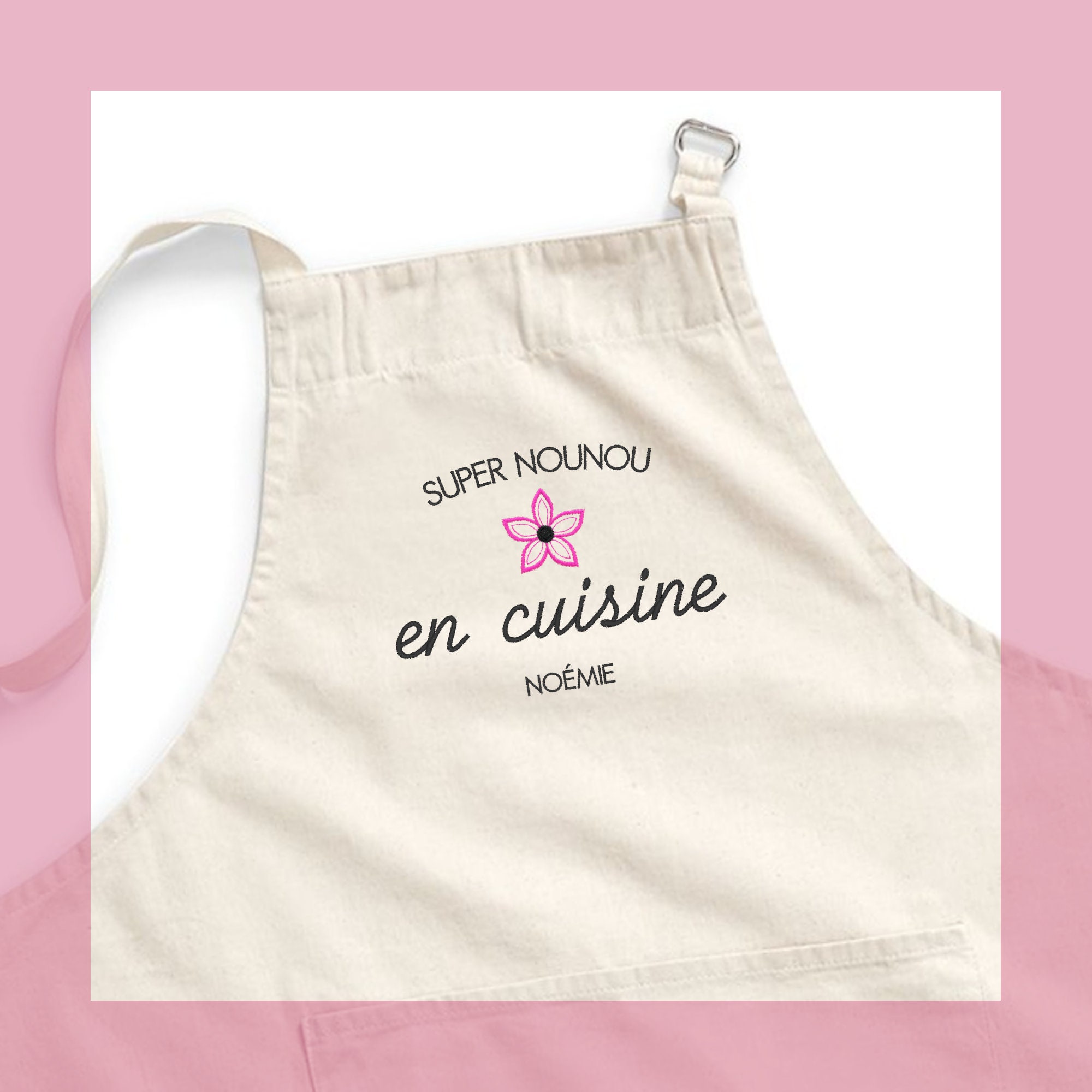 Tablier de Cuisine Brodé et Personnalisable en Coton Issu Du Commerce Équitable avec Motif Grande Fl