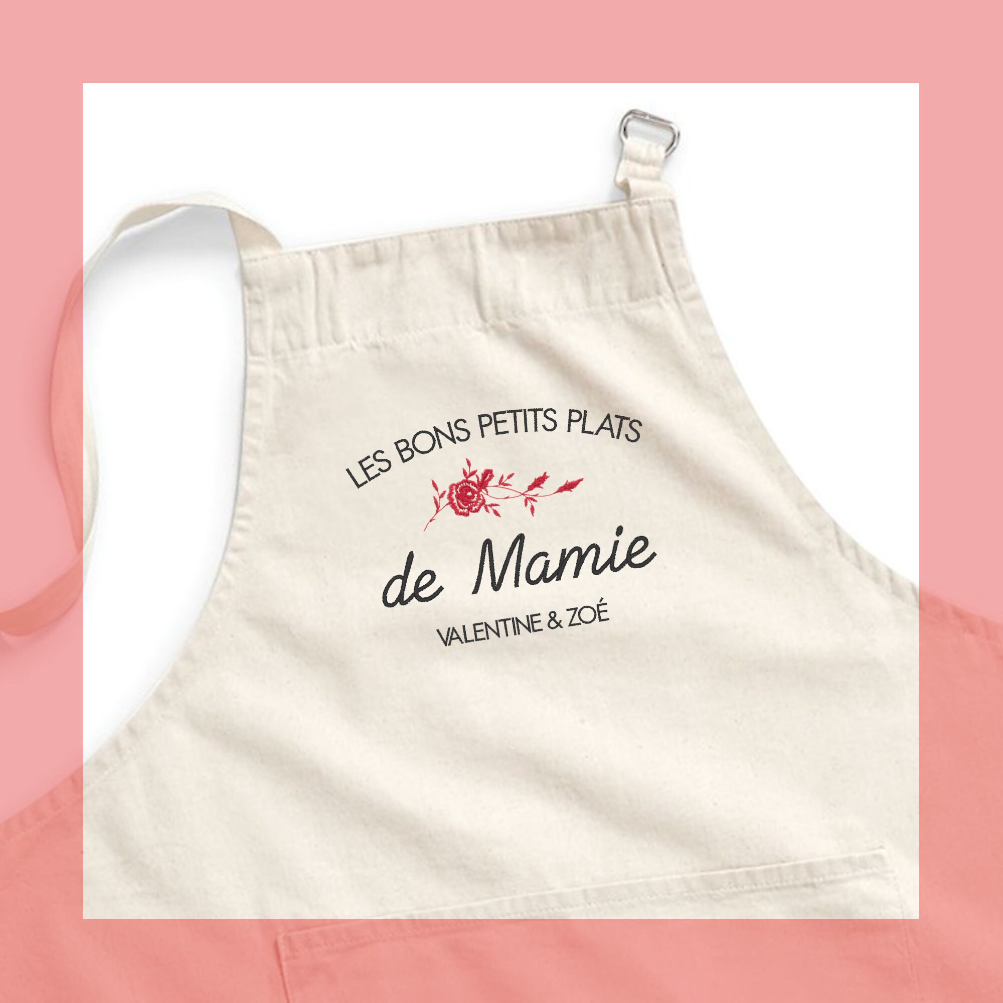 Tablier de Cuisine Brodé et Personnalisable en Coton Issu Du Commerce Équitable avec Motif Rose Roug