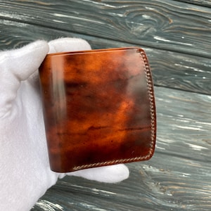 Cartera de cuero con diseño de concha de cordobán, cartera plegable de cuero personalizada, cartera plegable de cuero, cartera minimalista, cartera EDC, cartera minimalista, cartera para tarjetas.