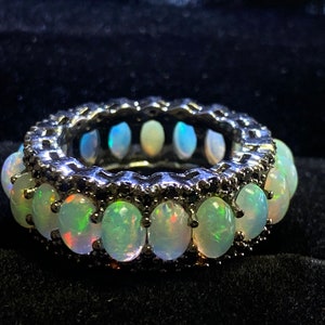 Pure 92.5 Sliver Band Natural Ethiopian Opal Band Side Stone Black Diamond And White Opals 6 x 4 MM Size Opal Stone Black Oxided Sliver Band