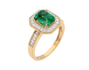 Vintage 18K Gold Ring Natural Emerald With Diamond Gold Ring Emerald Ring Gift For Her SliverJewelryHub