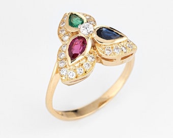 Multi Gemstone And Diamond Ring 18K Gold Wedding Green Gemstone Ring Stackable Ring Curved Ring Chevron Ring Valentine Day Gift