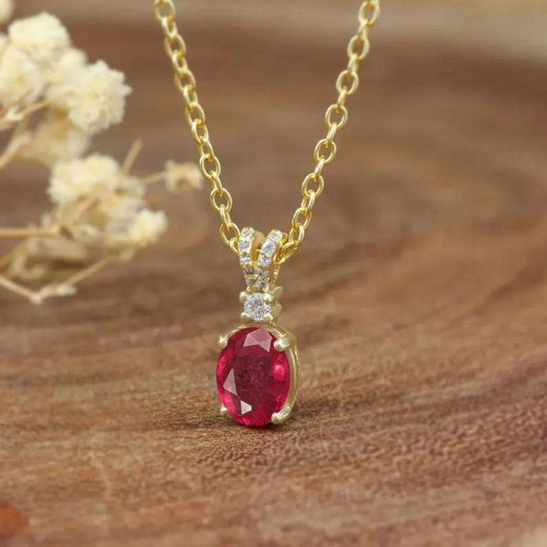 Red Ruby Rose Pendant Necklace for Women, Gold Chain Necklace, Handmade ...