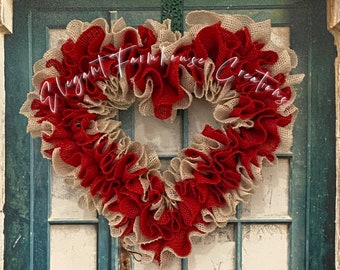 Red Heart Valentine/'s Wreath Burlap Valentine/'s Wreath Western Valentine/'s Wreath Love Wreath Beige Red White Country Valentine Wreath