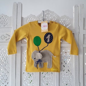 Birthday shirt with number and elephant with balloons, birthday shirt for boys, birthday shirt for girls, first birthday