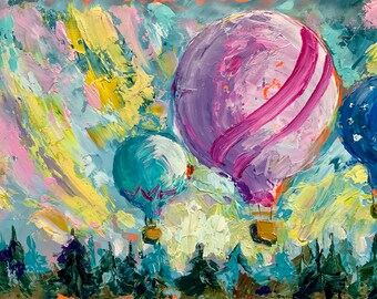Hot Air Balloon Original Painting Travel Artwork Impasto Oil Painting MADE TO ORDER