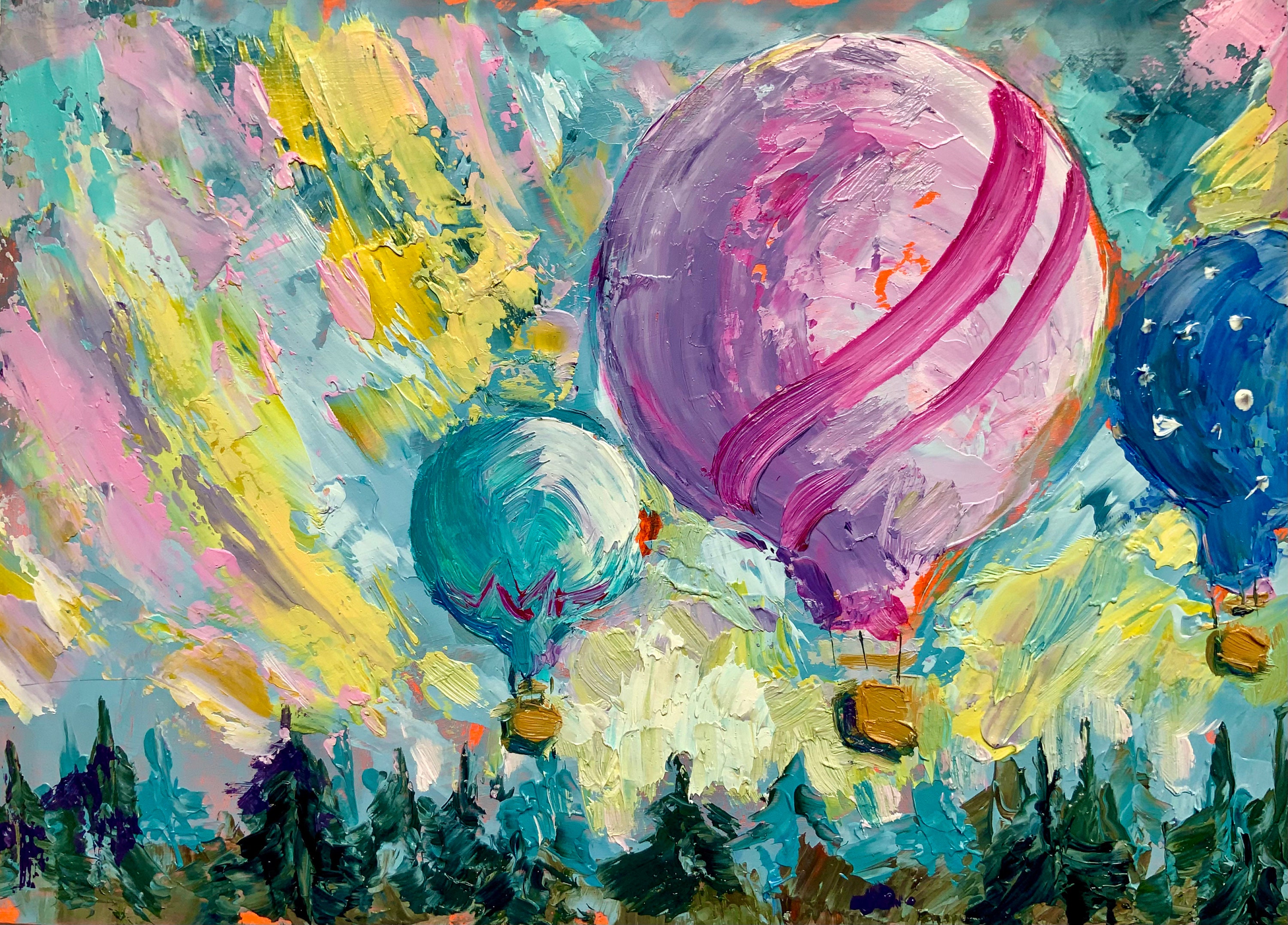 Hot Air Balloon Original Painting Travel Artwork Impasto Oil Etsy