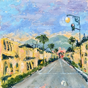 Pintura de Santa Bárbara, arte original da Califórnia, pintura de paisagem urbana, 10 x 10&quot; de cena de rua, pintura a óleo empastada por TheArtOfImpression