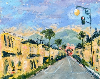 Arte de Santa Bárbara: Pintura al óleo original, paisaje urbano de California, 8x8, de Alexandra Jagoda