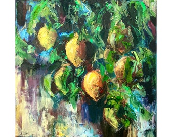 Lemon Tree Painting Fruit Original Art Impasto Oil Painting Canvas Artwork Kitchen Wall Art 16 x 16inch by Alexandra Jagoda
