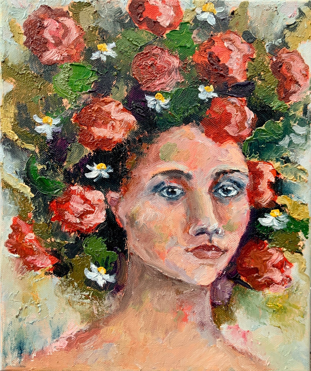 Woman Face Artwork Portrait Woman Painting Floral Original Art Abstract ...