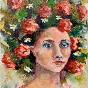 Woman Face Artwork Floral Original Art Portrait Woman Artwork 10x12 Impasto Oil Painting Red Flowers Painting by Alexandra Jagoda