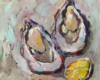 Oysters Painting Seafood Original Art Lemon Art 6x6 Impasto Oil Painting Seashell Artwork