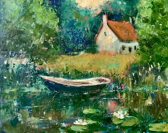 Rowboat Painting Cottage Original Art Impasto Oil Painting, Farm Landscape Art 16x16 inch