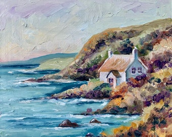 Pintura original de la costa de Irlanda, cabaña, pintura al óleo con técnica impasto de Alexandra Jagoda.