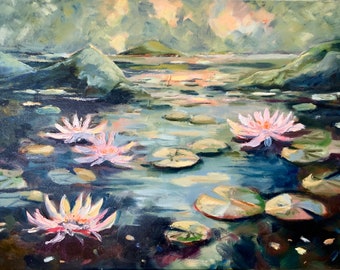 睡蓮の油絵：モネの池の絵、花の壁飾り（8x12） - Etsy 日本