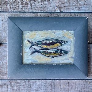 Sardine Painting Fish Original Art Impasto Oil Painting Abstract Framed Art 6.5x8.5inch Sardine Still Life Art by TheArtOfImpression