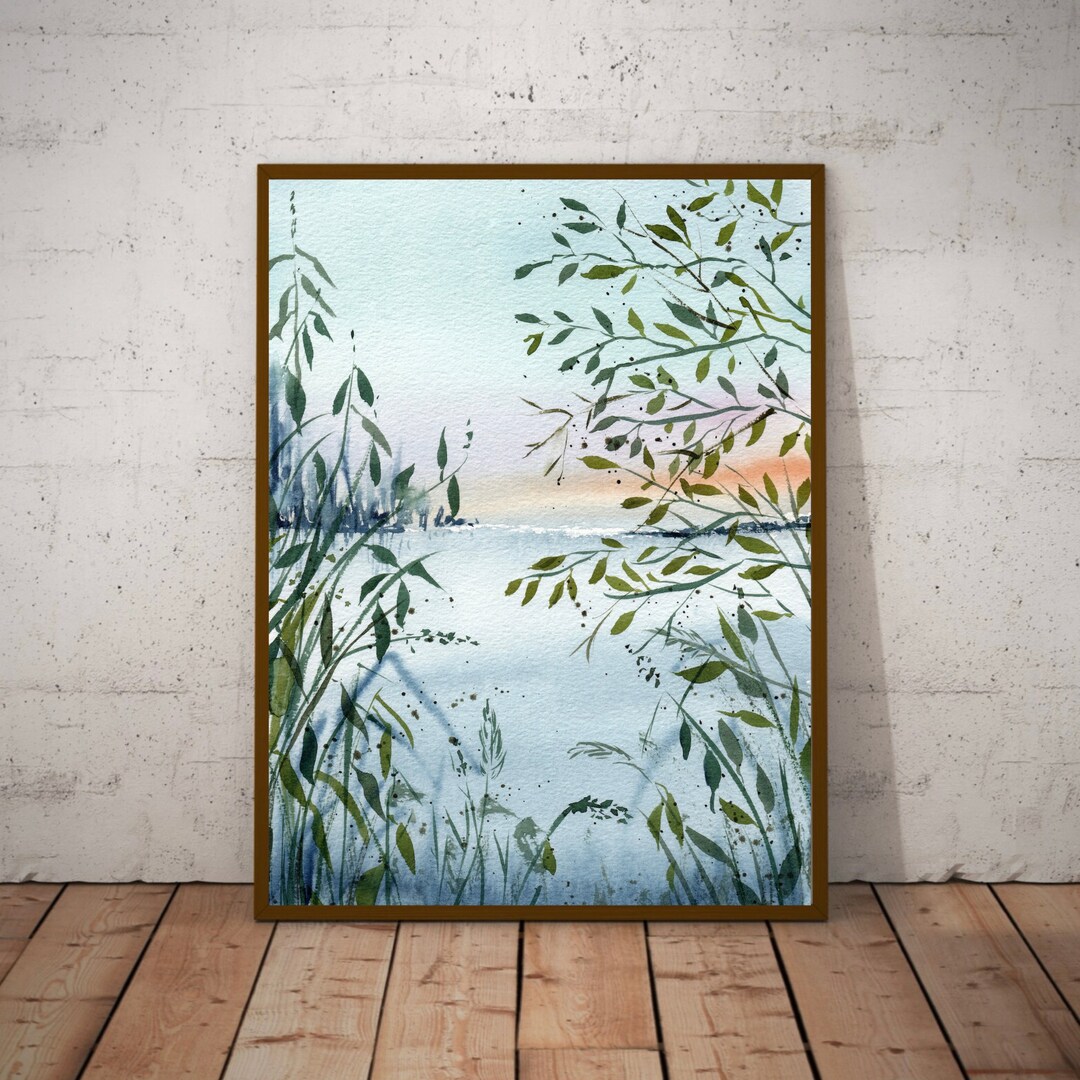 Sunrise Lake Wall Art Neutral Landscape Watercolor Painting - Etsy