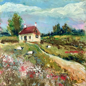 Ireland Painting Sheep Field Original Art Impasto Oil Painting Cottage Landscape 6x6 Tiny Oil Painting by TheArtOfImpression