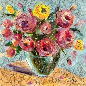 Roses Painting Flowers Original Art Bouquet Impasto Oil Painting 12x12&quot; Floral Art Still Life Painting by TheArtOfImpression