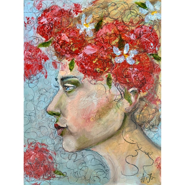 Woman Face Artwork Abstract Portrait Original Art Woman Portrait Oil Painting Floral Art 12 x 16 inch Impasto Oil Painting by A. Jagoda