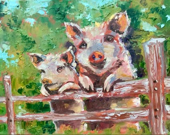 Varkens schilderij boerderijdieren originele kunst 12 x 16 in Impasto-olieverfschilderij door Alexandra Jagoda