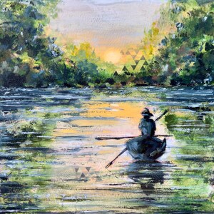 Row Boat Painting River Original Art Lake Painting 16x16 inch Landscape Art Fisherman Painting Sunrise Artwork by TheArtOfImpression