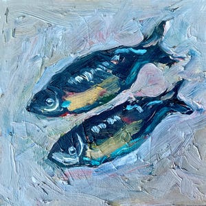 Sardine Painting Sardines Original Art Impasto Oil Painting Abstract Sardine Artwork 6x6 Sardine Still Life Art by TheArtOfImpression