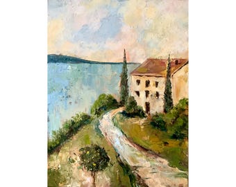 Tuscany Villa Painting: Mediterranean Landscape Impasto Oil Art 24x31inch