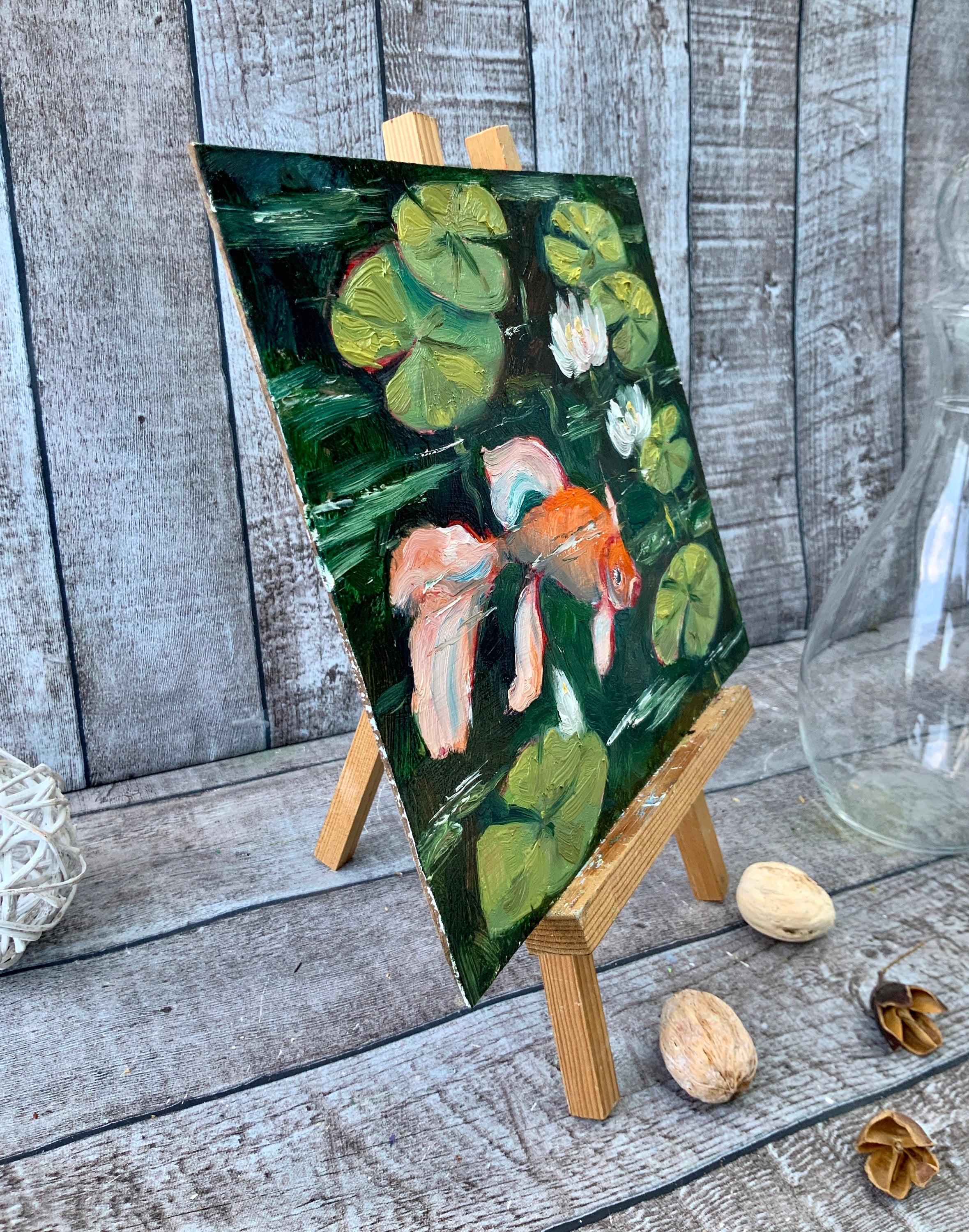 Koi Fish Painting, Water Lilies Pond Original Art, 10x8inch Impasto Oil ...
