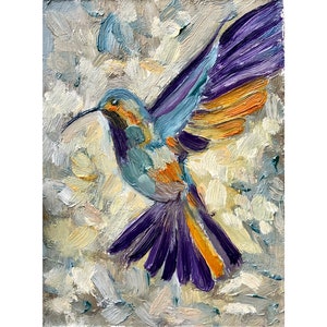 Hummingbird painting bird original art 5x7inch purple hummingbird blue orange painting small oil painting by TheArtOfImpression