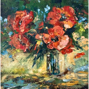 Poppy Painting Floral Artwork Foget-me-not Original Art Flowers Artwork Impasto Painting Still Life Art 16 x 16 inch by TheArtOfImpression