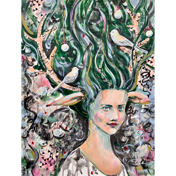 Cerf d'art original mystique portrait de femme peinture 20 x 25 pouces portrait fantastique magique personnage fantastique conte de fées peinture par A. Jagoda