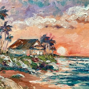 Hawaii Painting Seascape Original Art Nautical Painting Cottage Artwork Sunset Art Palm Trees 8x10” Impasto Painting by TheArtOfImpression