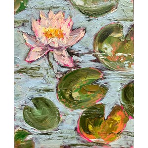 Lotus Painting Water Lily Original Art Floral Artwork Pond Wall Art Impasto Oil Painting Flower Artwork 12x9 by TheArtOfImpression
