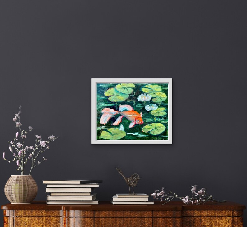 Koi Fish Impasto Oil Painting, Water Lilies Pond Art (10x8) - Etsy