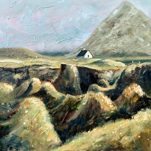 Dipinto ad olio impasto: cottage in riva al mare, opera originale 20x20 di Alexandra Jagoda