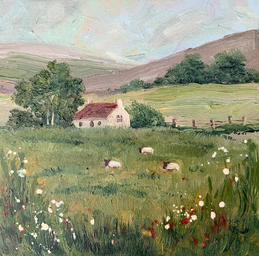 Ireland Painting Cottage Original Art Impasto Oil Painting Sheep Meadow ...
