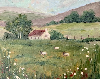 Ireland Painting Cottage Original Art Sheep Art Countryside Artwork Impasto Oil Painting Meadow Wall Art Landscape Painting 8x8 by A. Jagoda