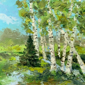 Aspen Trees Painting Pejzaż Oryginalna Sztuka Malowanie Brzozy 10x10 Sztuka Lasu Impasto Malowanie Olejne Wiejskie Dzieło Sztuki Przez TheArtOfImpression