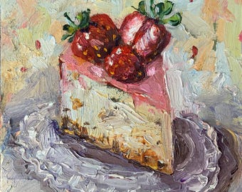 May include: Oil painting of a slice of strawberry cake. The cake has a pink frosting layer and is topped with three ripe strawberries. The cake sits on a decorative white plate with a ruffled edge. The background has a textured, impressionistic style.